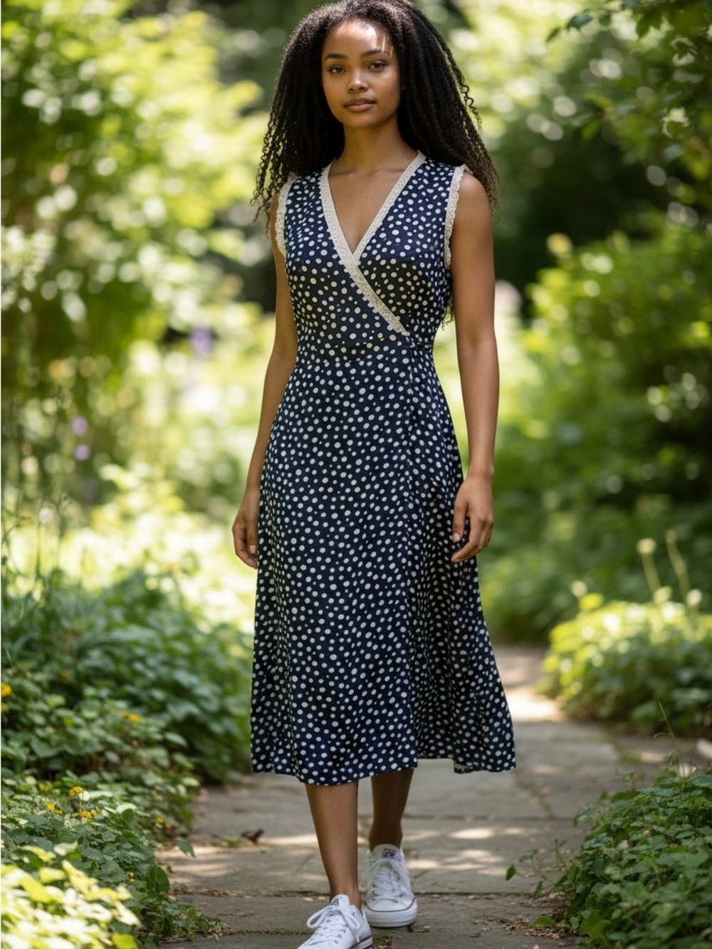 J. Crew Navy and White Polka Dot Wrap Midi Dress